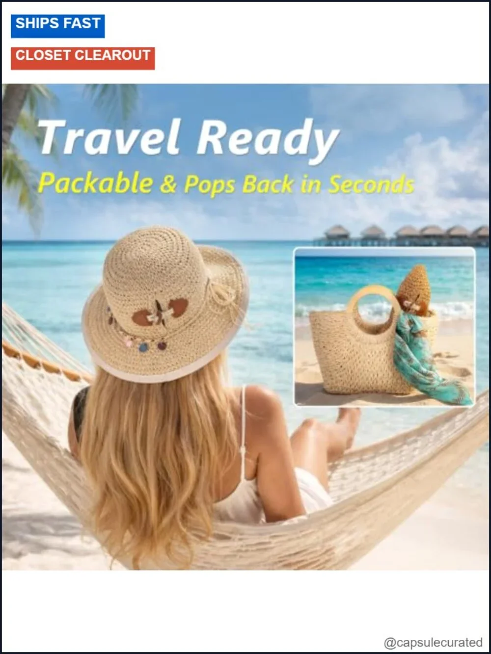 Womens Sun Hat UPF50+ Wide Brim Handwoven Straw Ponytail Cooling Travel